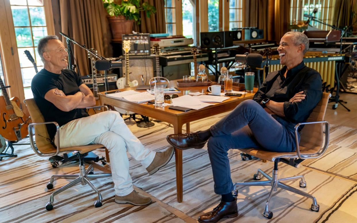 Bruce Springsteen, left, appears with former President Barack Obama during their podcast of conversations recorded at Springsteen's home studio in New Jersey. - Spotify