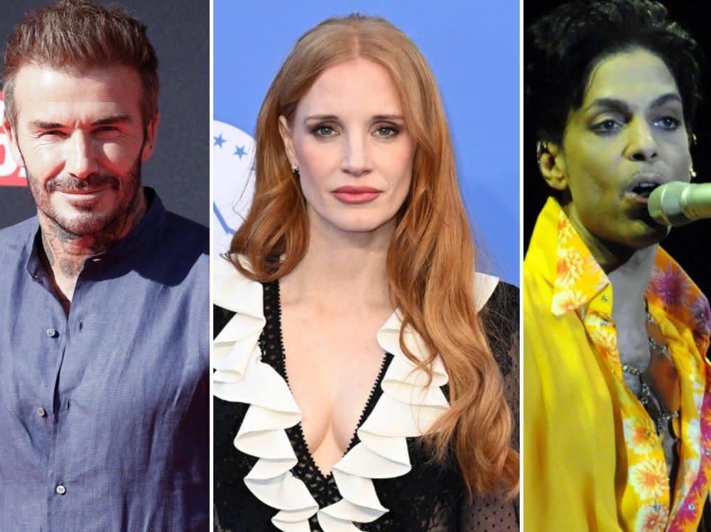 Stars wie David Beckham, Jessica Chastain und der verstorbene Prince (v.l.n.r.) werden mit einem Stern auf dem Hollywood Walk of Fame geehrt. (Bild: imago images/PA Images/Doug Peters/IMAGO/ABACAPRESS/imago images/ZUMA Press Wire)