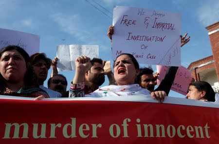 People demonstrate after the killing Mashal Khan, accused of blasphemy, by a mob at Abdul Wali Khan University in Mardan, during a protest in Peshawar, Pakistan April 14, 2017. REUTERS/Fayaz Aziz