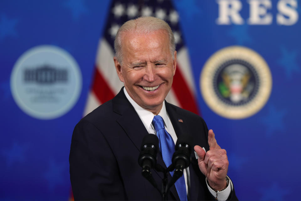 WASHINGTON, DC - MARCH 10: U.S. President Joe Biden speaks during an event with the CEOs of Johnson & Johnson and Merck at the South Court Auditorium of the Eisenhower Executive Office Building March 10, 2021 in Washington, DC. President Biden announced that the government will purchase 100 million more doses of the Johnson & Johnson COVID-19 vaccine. (Photo by Alex Wong/Getty Images)