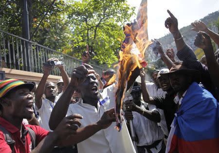 Protesters burn a flag from the Dominican Republic outside the Dominican Republic's consulate in Port-au-Prince February 25, 2015. REUTERS/Andres Martinez Casares