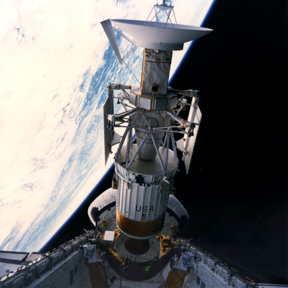 <span class="caption">The Magellan mission was launched from Atlantis’ cargo bay on May 4, 1989. The spacecraft’s 3.7-m-diameter high gain antenna is visible at the top of the image.</span> <span class="attribution"><span class="source">NASA</span></span>