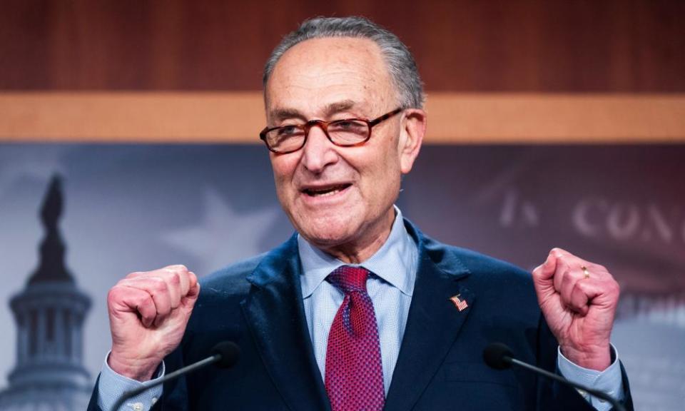 Chuck Schumer speaks to the media after the Senate voted to approved the Covid-19 relief package.