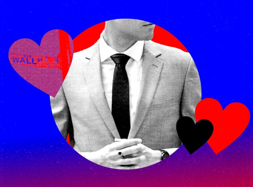 man in suit, Wall Street background with hearts