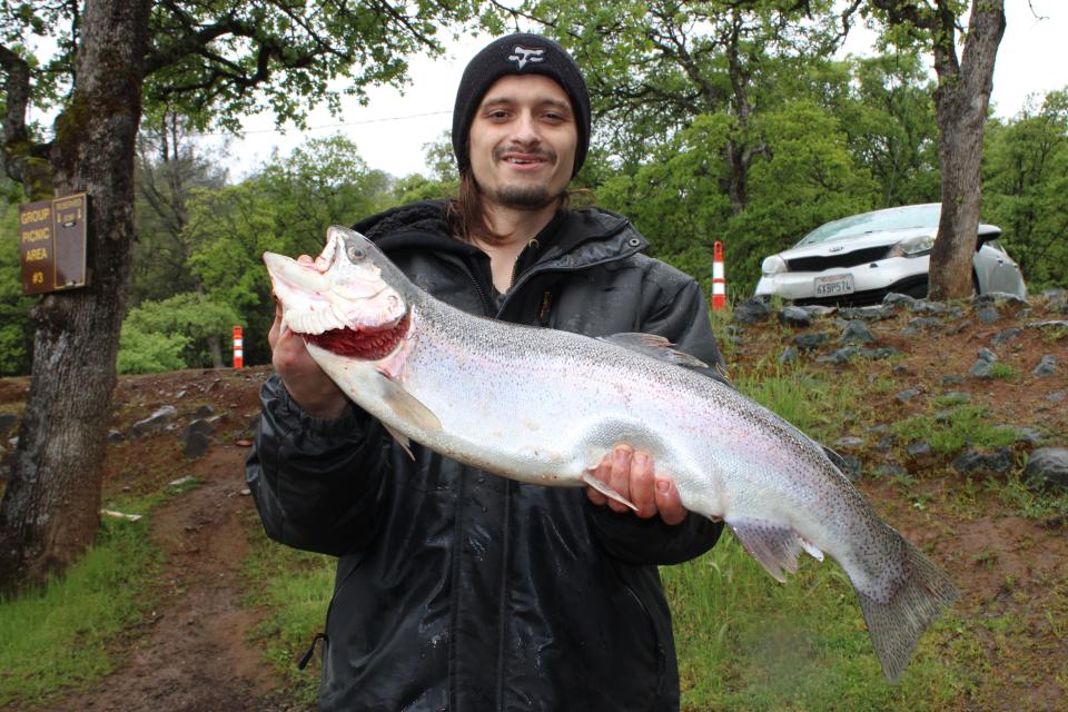 Brandon Aguirre won first place in the adult division of the NorCal Trout Angler’s Challenge event at Collins Lake on April 13, 2024 with his 7.98 lb. rainbow trout.