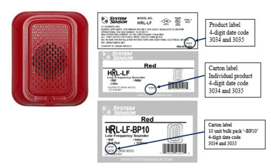 Recalled System Sensor L-Series Low Frequency Fire Alarm Sounders Model #s HWL-LF and HWL-LF-BP10 (Red) showing product label and carton label (Courtesy: U.S. Consuper Product Safety Commision)