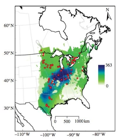 The darker blue the area, the more monarchs hatched in that location. Red dots indicate areas where monarchs were captured.