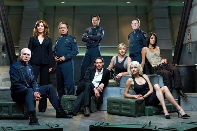 Justin Stephens/Syfy/NBCU Photo Bank/NBCUniversal via Getty Images From left: Michael Hogan, Mary McDonnell, Edward James Olmos, Jamie Bamber, James Callis, Katee Sackhoff, Tricia Helfer, Tahmoh Penikett, and Grace Park of 'Battlestar Galactica'