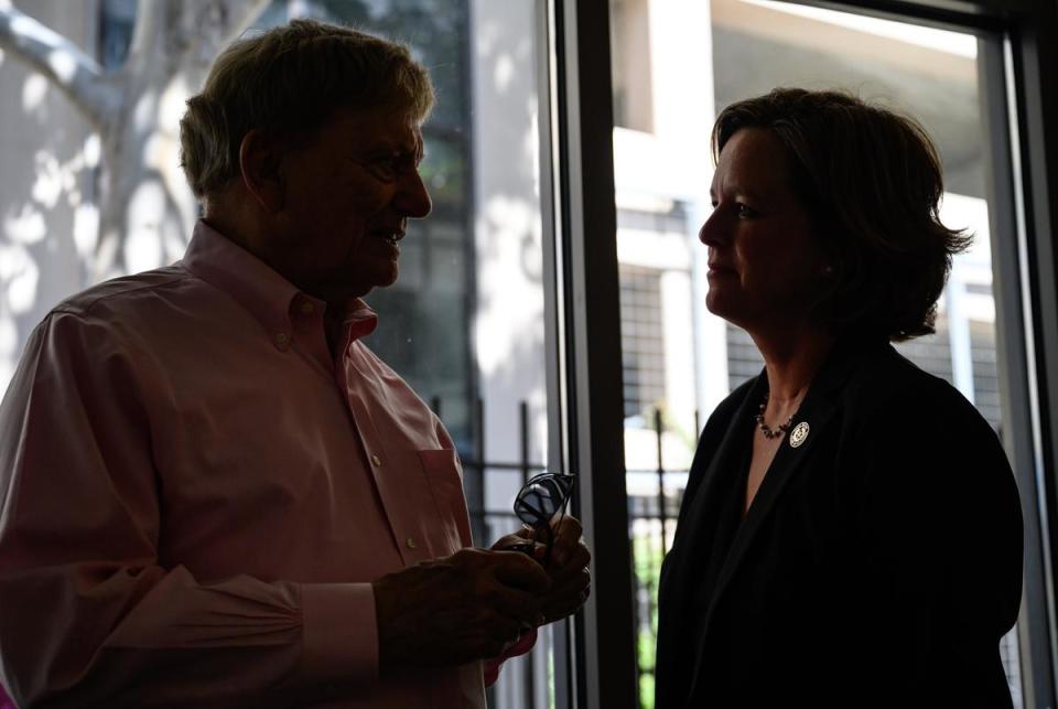 Rusty Hardin, former prosecuting attorney for the impeachment trial of Attorney General Ken Paxton, speaks with General Investigating Committee chair Rep. Ann Johnson, D-Houston, following her one on one panel at The Texas Tribune Festival Saturday, Sept. 23, 2023 in Austin, Texas.