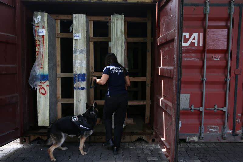 Brazilian custom agent uses a sniffer dog to inspect a container going to Europe for smuggled drugs at the Port of Santos in Santos