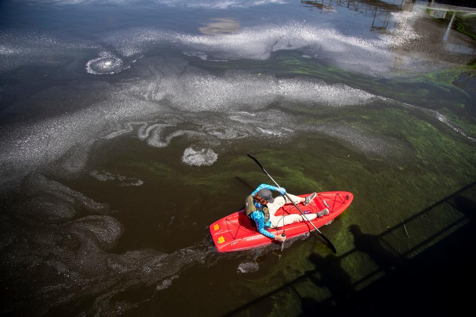 Michael Kratz, a graduate student at FGCU, does water tests after an application of hydrogen peroxide at the W.P. Franklin Lock and Dam on Thursday, May 27, 2021. 