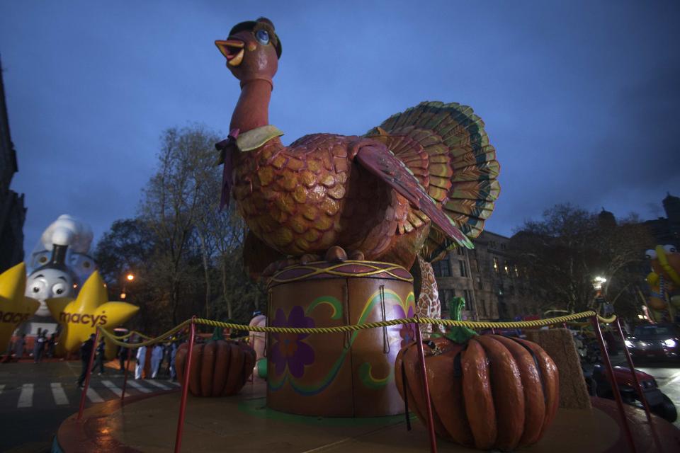 At sunrise floats stand ready to participate in the Macy's Thanksgiving Day Parade in New York