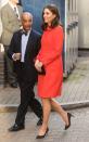 <p>The Duchess wore a bright coat by Boden for a visit to Great Ormond Street Hospital. <a href="https://www.townandcountrymag.com/society/tradition/a15392557/kate-middleton-not-wearing-engagement-ring/" rel="nofollow noopener" target="_blank" data-ylk="slk:Noticeably missing was Kate's signature engagement ring;elm:context_link;itc:0;sec:content-canvas" class="link ">Noticeably missing was Kate's signature engagement ring</a>, which she removed before her visit due to hygiene requirements at the hospital. </p>
