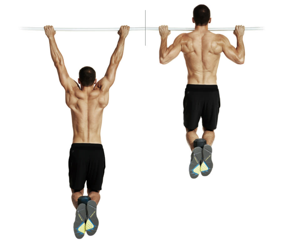 How to do it:<ol><li>Attach a weighted belt to your waist or hold a dumbbell between your feet. </li><li>Pull yourself up until your chin is over the bar.</li><li>Lower yourself back down to complete one rep.</li></ol>Pro tip:<p>Keep your hands just outside shoulder-width.</p>Variation:<p>If you struggle to complete your reps with weight, start with using body weight alone.</p>