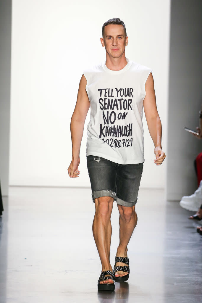 <p>At the end of his show, Jeremy Scott walked the runway wearing a T-shirt that read, “Tell Your Senator No on Kavanaugh 202-902-7129.” The phone number refers you to the office of one of your senators so that you can express your opinion on the confirmation of Brett Kavanaugh, the president’s <a rel="nofollow noopener" href="https://www.usatoday.com/story/news/politics/2018/09/03/brett-kavanaugh-controversial-supreme-court-nominee-five-reasons/1143100002/" target="_blank" data-ylk="slk:controversial;elm:context_link;itc:0;sec:content-canvas" class="link ">controversial</a> nominee for Supreme Court justice. (Photo: Getty) </p>