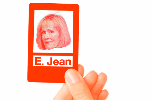 A hand holding a "Guess Who?" card with E. Jean Carroll's face on it.