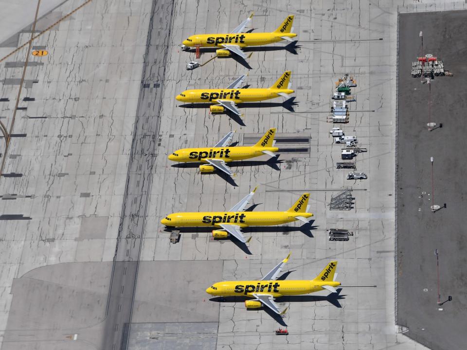 An aerial view shows Spirit Airlines jets parked at McCarran International Airport