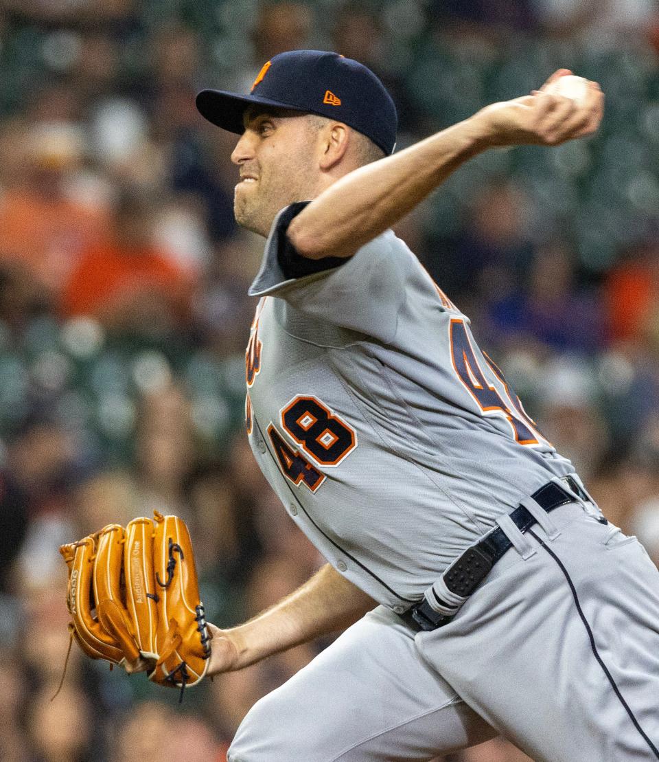 Detroit Tigers starting pitcher Matthew Boyd (48) pitches against the Houston Astros in the first inning at Minute Maid Park in Houston on Monday, April 3, 2023.