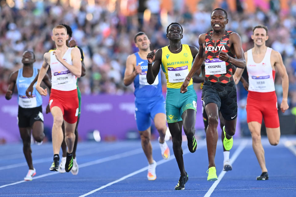 Wyclife Kinyamal (pictured in front) winning the Commonwealth Games 800m final.