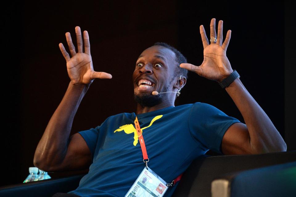 Usain Bolt durante una conferencia de prensa en Pekín, en el Mundial de Atletismo, el 20 de agosto de 2015 (AFP | Wang Zhao)