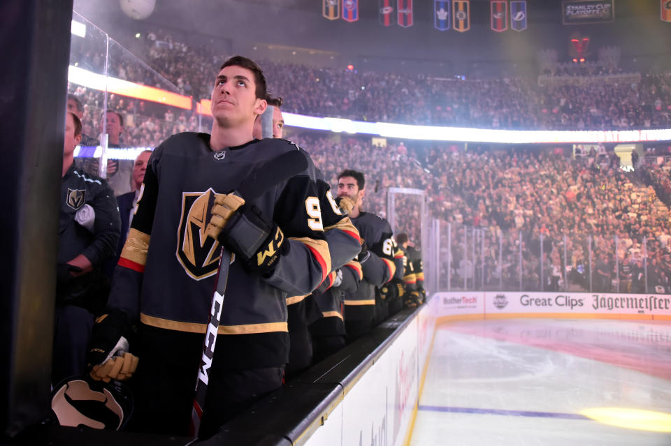 LAS VEGAS, NV - APRIL 21:  The Vegas Golden Knights stand for the national anthem prior to Game Six of the Western Conference First Round against the San Jose Sharks during the 2019 NHL Stanley Cup Playoffs at T-Mobile Arena on April 21, 2019 in Las Vegas, Nevada.  (Photo by David Becker/NHLI via Getty Images)