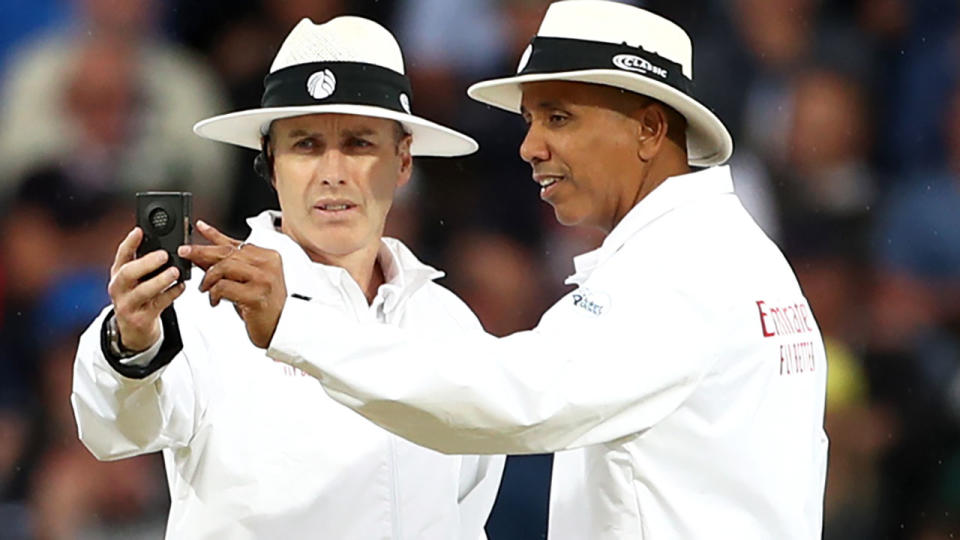 Umpires Joel Wilson (right) and Chris Gaffaney, pictured here during the third Test.