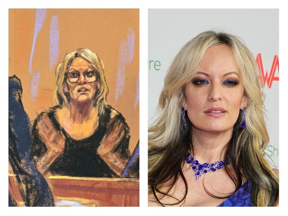 A side-by-side comparison of the Stormy Daniels court sketch everyone's discussing online and a photograph of Daniels, who took the stand Tuesday to discuss her alleged sexual encounter with former president Donald Trump.