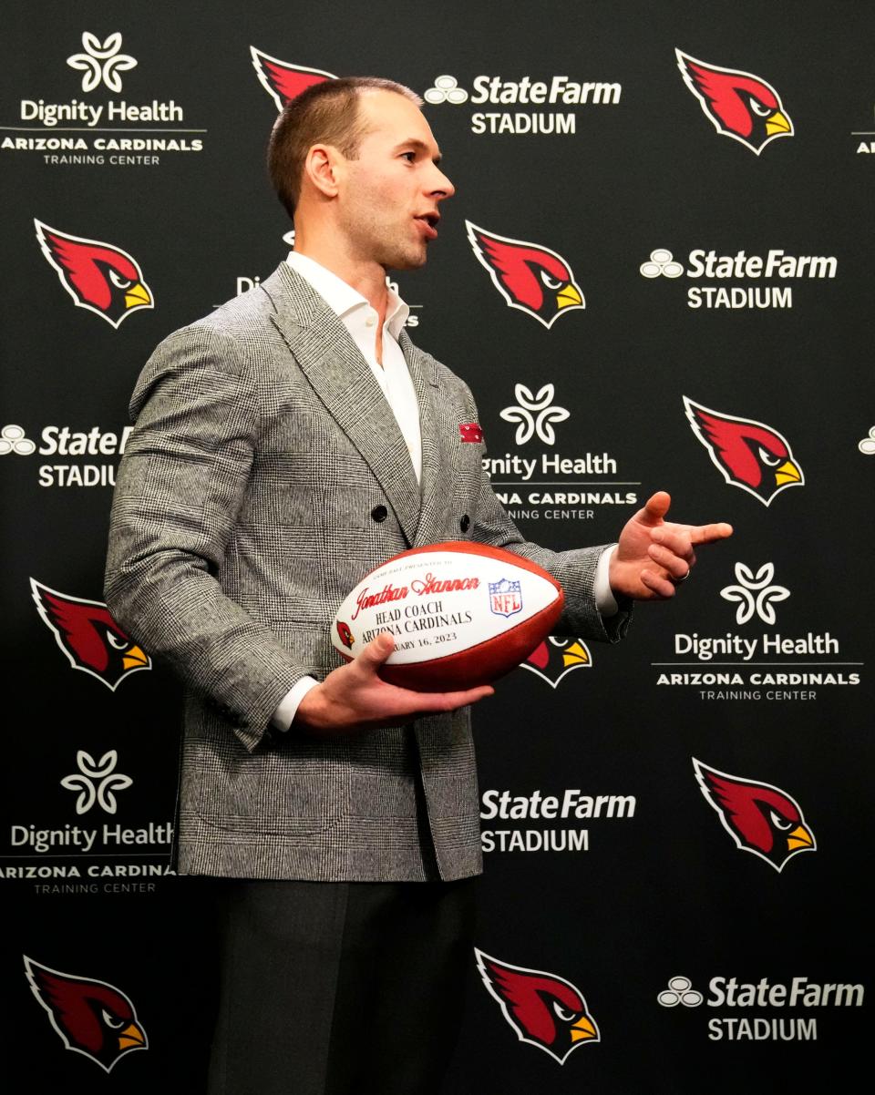 Jonathan Gannon is introduced as the new head coach of the Arizona Cardinals during a news conference at the Cardinals training facility in Tempe on Feb. 16, 2023.