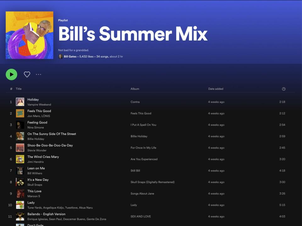 Bill Gates shared his summer playlist on Spotify.