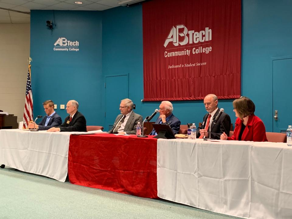 Candidates at the 11th District Republican forum on Jan. 25 at Asheville-Buncombe Technical Community College. From left: Madison Cawthorn, Vance Patterson, Steven Fekete Jr., Albert Wiley Jr., Joey Osborne, Lynda Bennett.