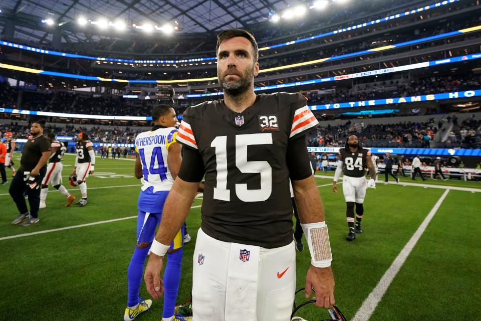 Cleveland Browns quarterback Joe Flacco (15) walks on the field after a game against the Los Angeles Rams on Sunday in Inglewood, Calif.