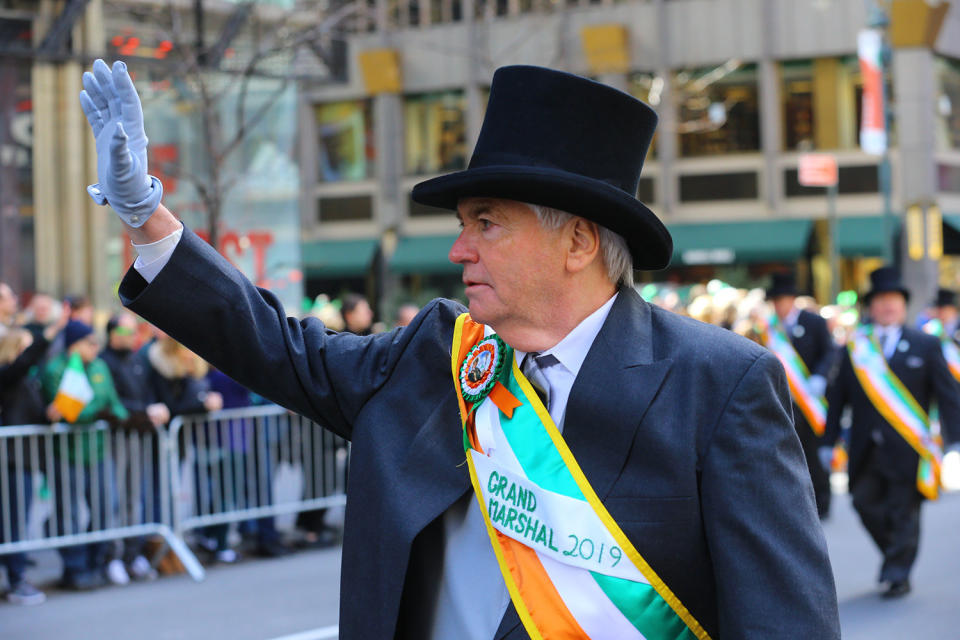 Grand Marshal of the 2019 NYC St. Patrickâs Day Parade, Dr. Brian OâDwyer waves to the crowds at the St. Patrick's Day Parade, March 16, 2019, in New York. (Photo: Gordon Donovan/Yahoo News)