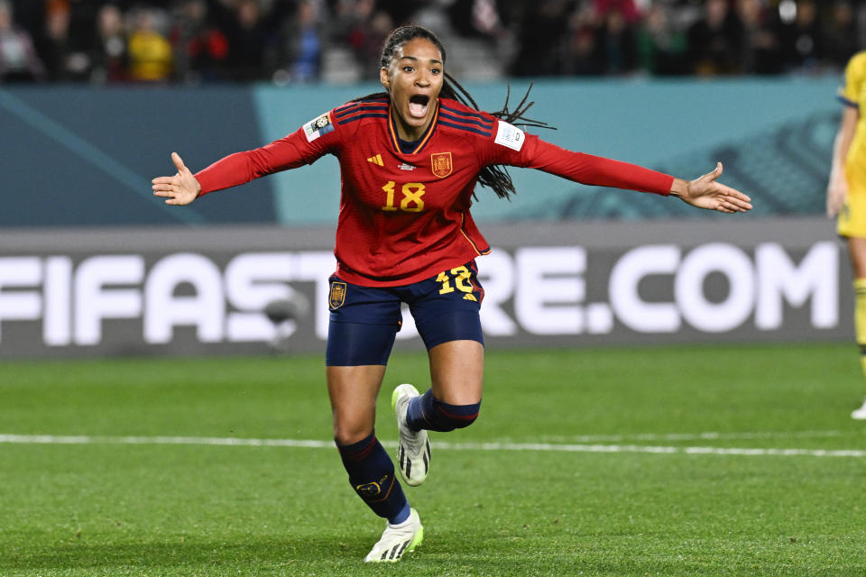 Spain's Salma Paralluelo celebrates after scoring her team's first goal during the Women's World Cup semifinal soccer match between Sweden and Spain at Eden Park in Auckland, New Zealand, Tuesday, Aug. 15, 2023. (AP Photo/Andrew Cornaga)