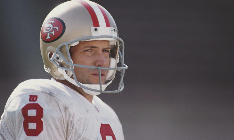 A closeup of Steve Young on the field during a 49ers game.