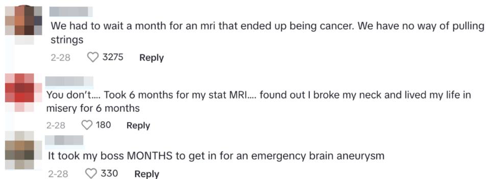 Three social media comments discussing long waits for MRI scans and their health consequences