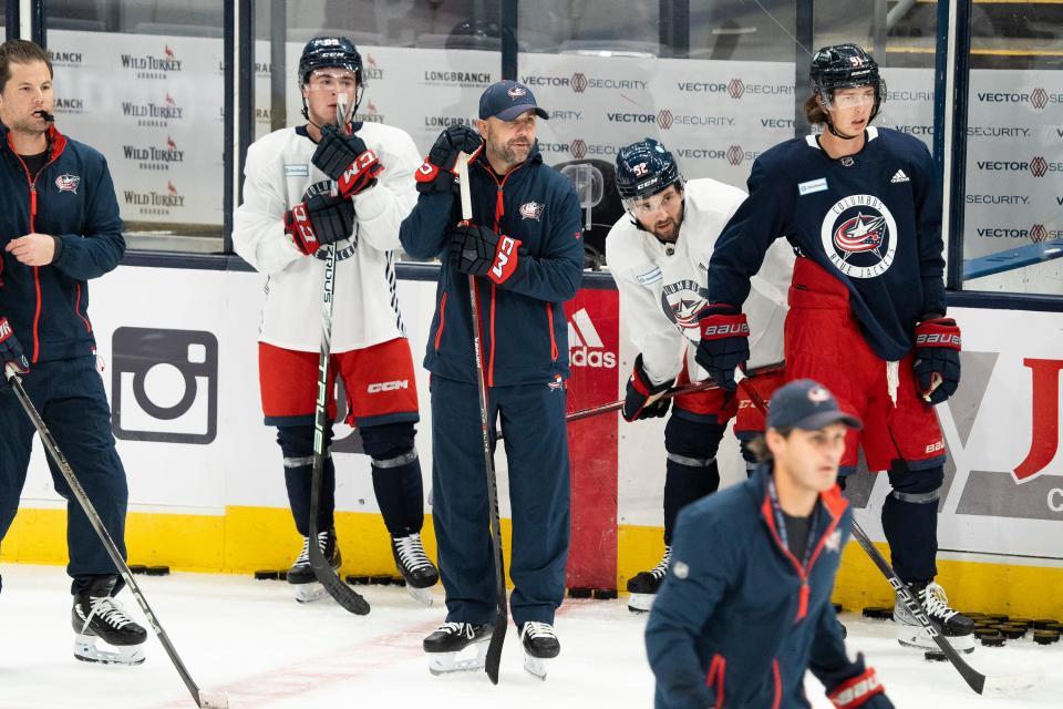 Sep 29, 2023; Columbus, Ohio, United States; Columbus Blue Jackets Head Coach Pascal Vincent watches the team during CBJ Training Camp at Nationwide Arena.