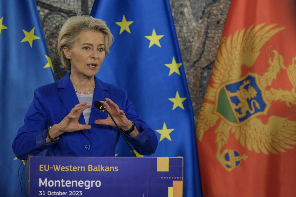 European Commission President Ursula von der Leyen speaks to the media during a joint news conference after talks with Montenegro's President Jakov Milatovic in Montenegro's capital Podgorica, Tuesday, Oct. 31, 2023. Von der Leyen is on a one day official visit to Montenegro. (AP Photo/Risto Bozovic)