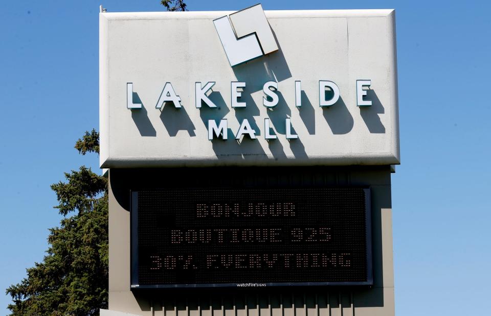A Lakeside Mall sign at one of the entrances off Hall Road in Sterling Heights on Tuesday, April 30, 2024.