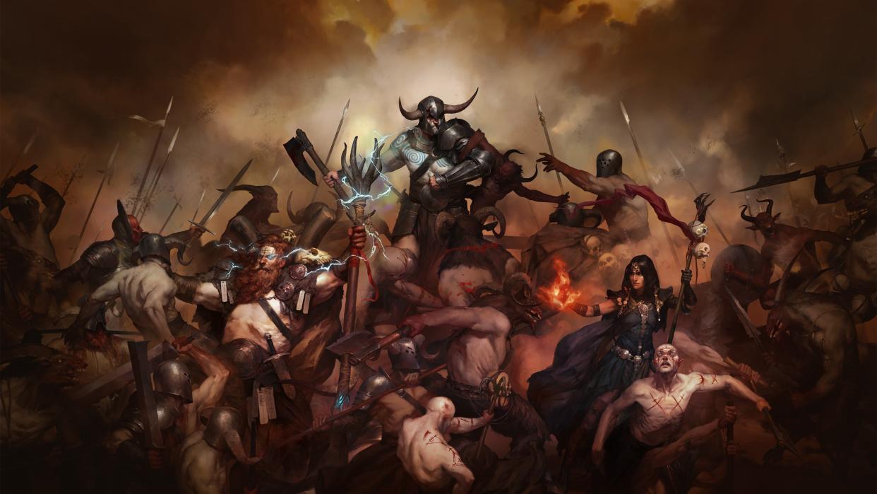  Diablo 4 heroes fighting a horde 