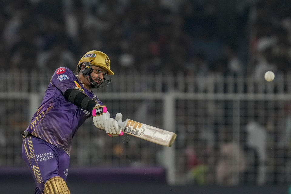 Kolkata Knight Riders' Sunil Narine plays a shot during the Indian Premier League cricket match between Kolkata Knight Riders and Punjab Kings' in Kolkata, India, Friday, April 26, 2024. (AP Photo/Bikas Das)