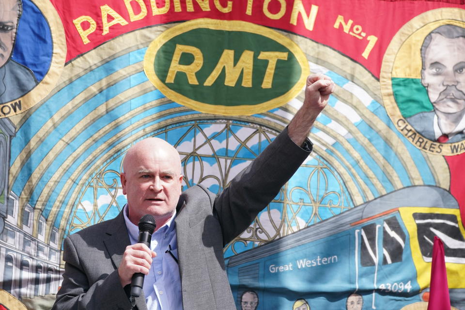 RMT general secretary, Mick Lynch speaking at a rally outside King's Cross Station in London, as train services continue to be disrupted following the nationwide strike by members of the Rail, Maritime and Transport union in a bitter dispute over pay, jobs and conditions. Picture date: Saturday June 25, 2022.