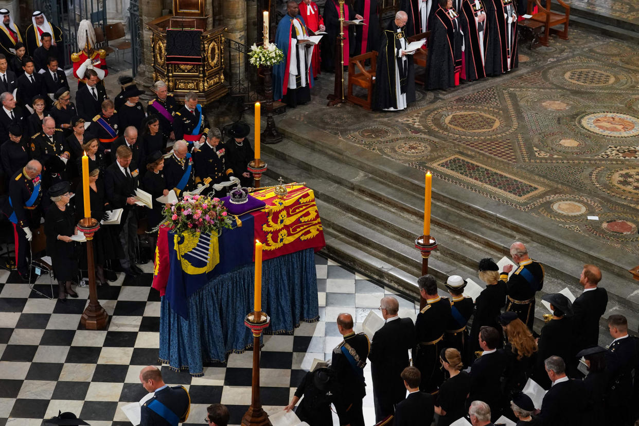 The coffin is placed near the altar inside Westminster Abbey in London on September 19, 2022, during the State Funeral Service for Britain's Queen Elizabeth II.