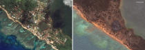 This combination of this satellite images provided by Maxar Technologies shows an overview of Nomuka in the Tonga island group on Aug. 17, 2020, left, and Jan. 20, 2022, right, showing the damage after the Jan. 15 eruption. (Satellite image ©2022 Maxar Technologies via AP)