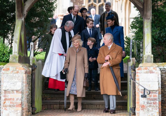 <p>Joe Giddens/PA Images via Getty </p> Queen Camilla and King Charles on Christmas 2023