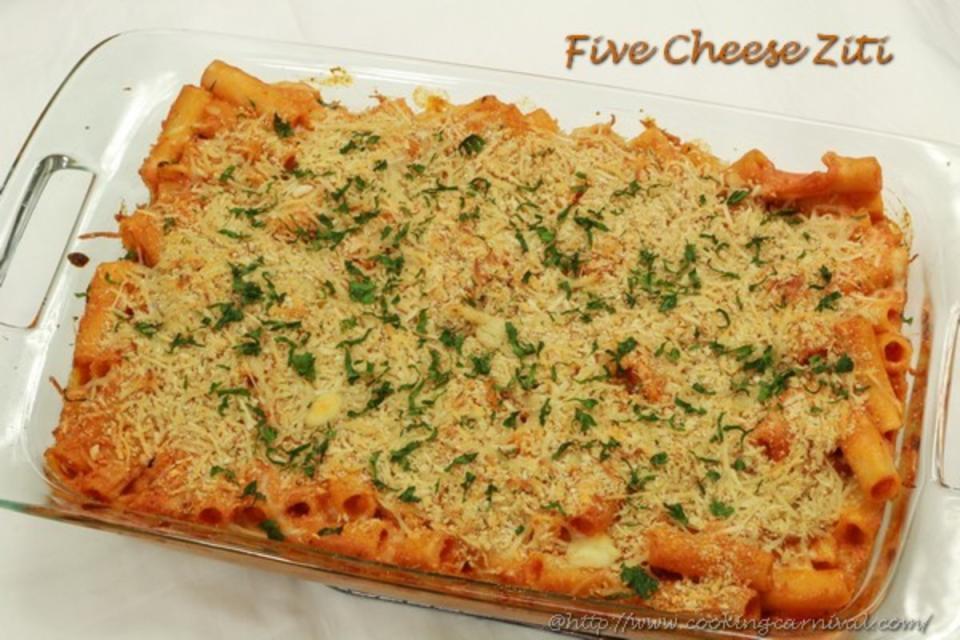 Cooking Carnival<p>Delicious baked pasta dish with Alfredo sauce and cheese: the perfect dinner made in just 45 minutes.</p><p><strong>Get the recipe: <a href="https://www.cookingcarnival.com/five-cheese-ziti/" rel="sponsored" target="_blank" data-ylk="slk:Five Cheese Ziti;elm:context_link;itc:0;sec:content-canvas" class="link ">Five Cheese Ziti</a></strong></p>