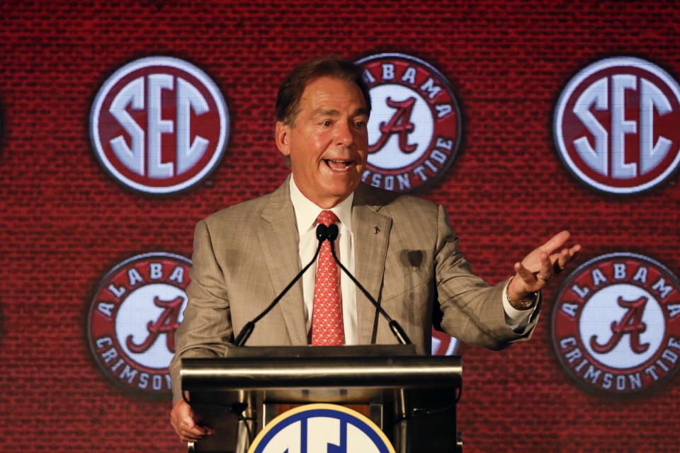 Alabama head coach Nick Saban speaks to reporters during the NCAA college football Southeastern Conference Media Days Wednesday, July 21, 2021, in Hoover, Ala. (AP Photo/Butch Dill)