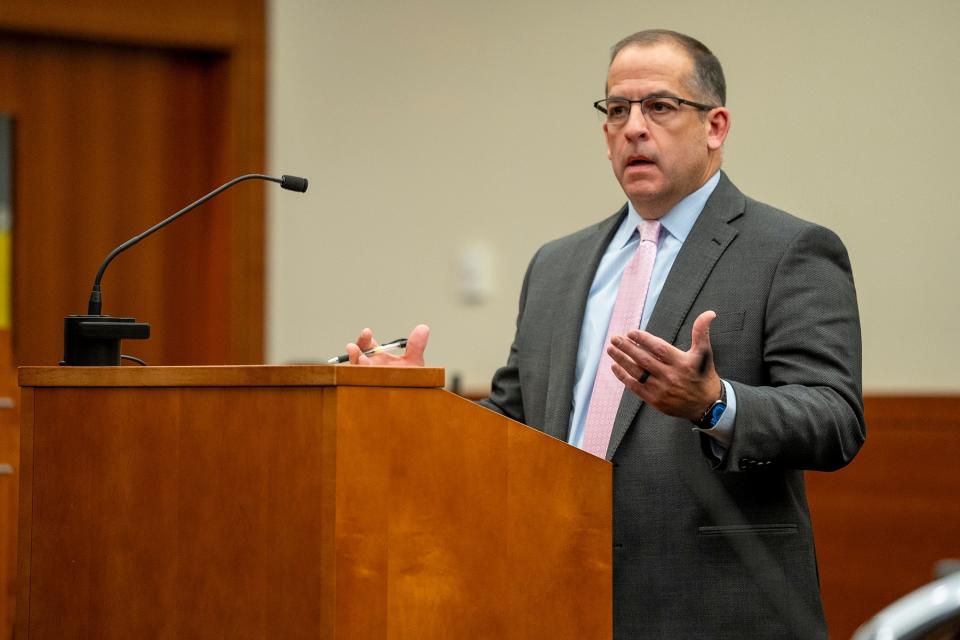 Defense Attorney Paul Scarsella makes opening arguments Tuesday in the trial of John W. Wooden in Franklin County Common Pleas Court. Wooden is accused of kidnapping and killing prominent local Imam Mohamed Hassan Adam in December 2021.