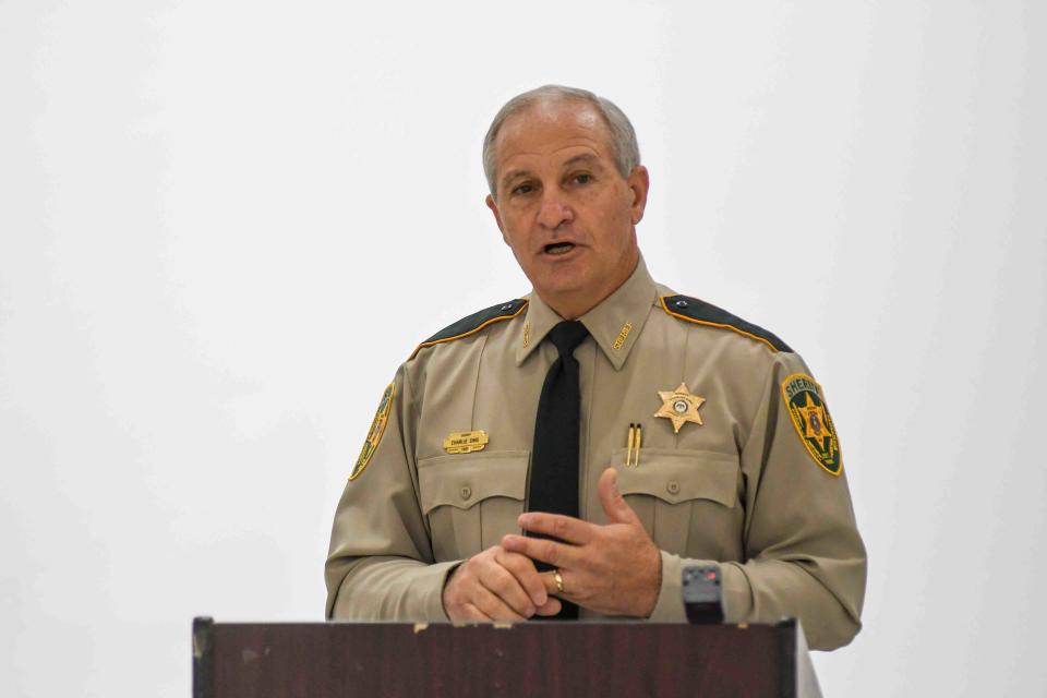 Forrest County Sheriff Charlie Sims speaks at a press conference at the Forrest County Extension Service Office announcing a task force involving Forrest and Perry county law enforcement agencies, Thursday, Oct. 15, 2020.