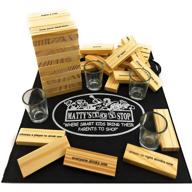 ArtCreativity Tumbling Tower Drinking Game 4 Glasses 60 Wooden Blocks with Challenges Party Games