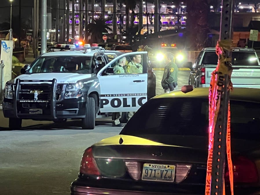 Metro police investigate a deadly shooting in the 200 block of West Chicago Avenue near The Strat Hotel and Casino on Jan. 17, 2024 (KLAS)